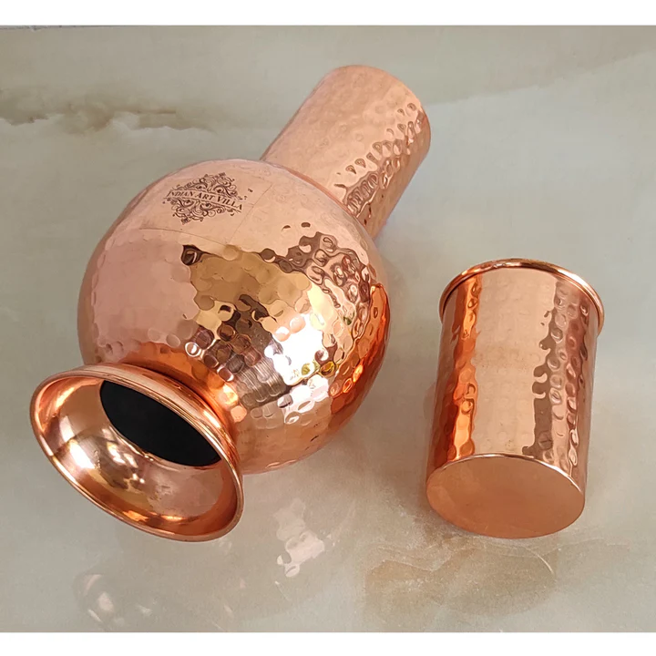 Pure Copper Surai Design Bedroom water Bottle With Inbuilt Glass, Drinkware - 700 ml - 1